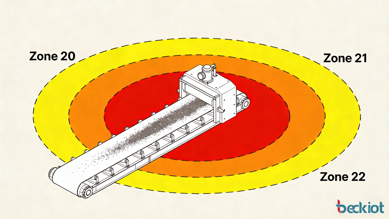 Illustration montrant la Zone 20, la Zone 21 et la Zone 22 autour d’un procédé de manipulation de poussières combustibles, la Zone 22 s’étendant à la zone périphérique environnante.
