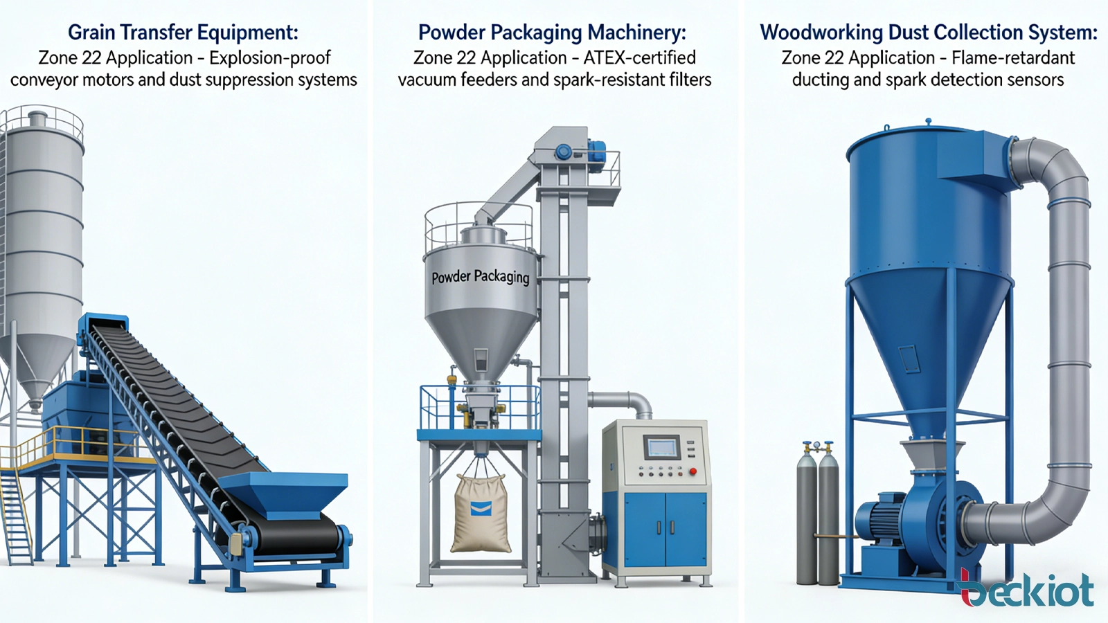 Exemples industriels d’applications Zone 22 autour d’équipements de transfert de céréales, de machines de conditionnement de poudres et de systèmes de dépoussiérage pour le travail du bois.
