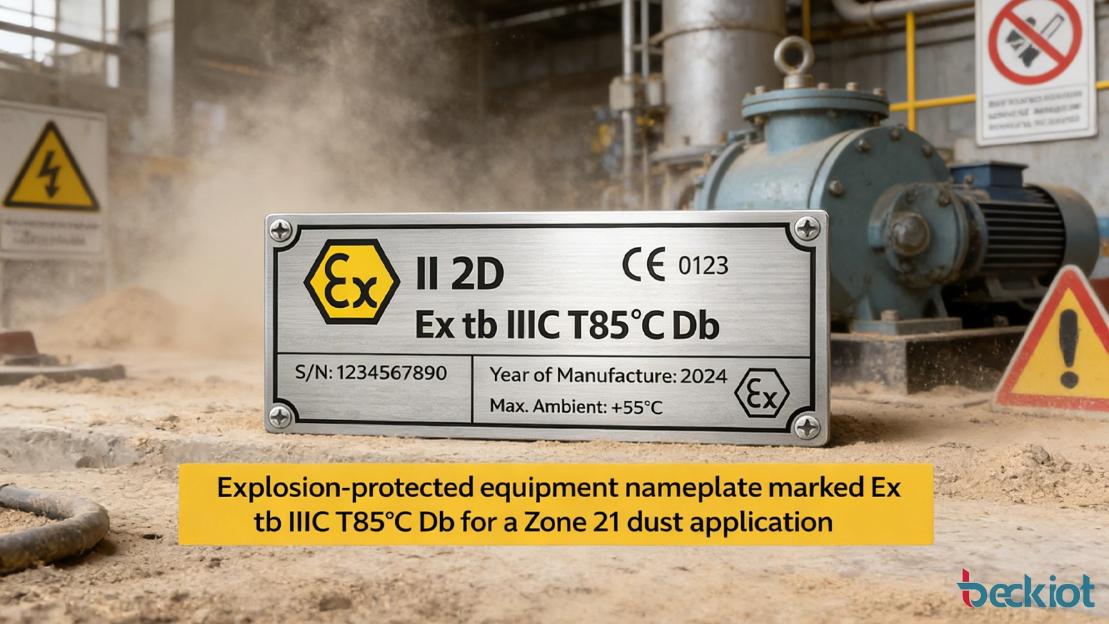 Illustration d’une plaque signalétique d’équipement antidéflagrante marquée Ex tb IIIC T85°C Db pour une application de Zone 21 à poussières.
