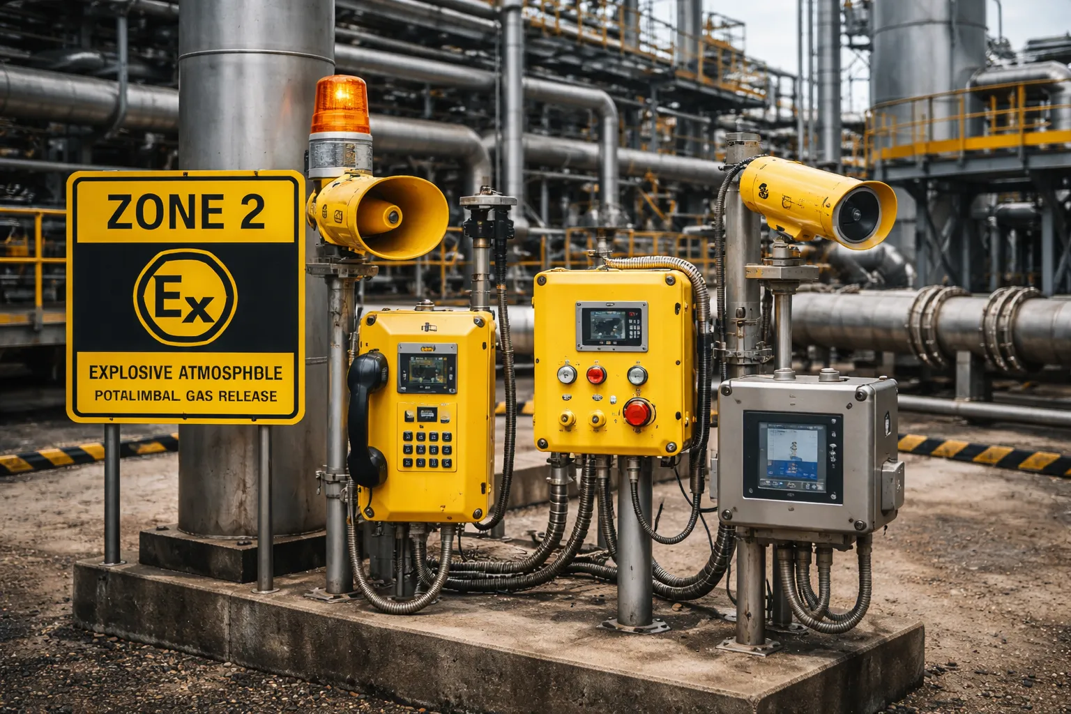 Vue rapprochée du marquage d'un équipement pour zone dangereuse montrant le Groupe II, la Catégorie 3G, le groupe de gaz, la classe de température et le NEP Gc pour un service en Zone 2