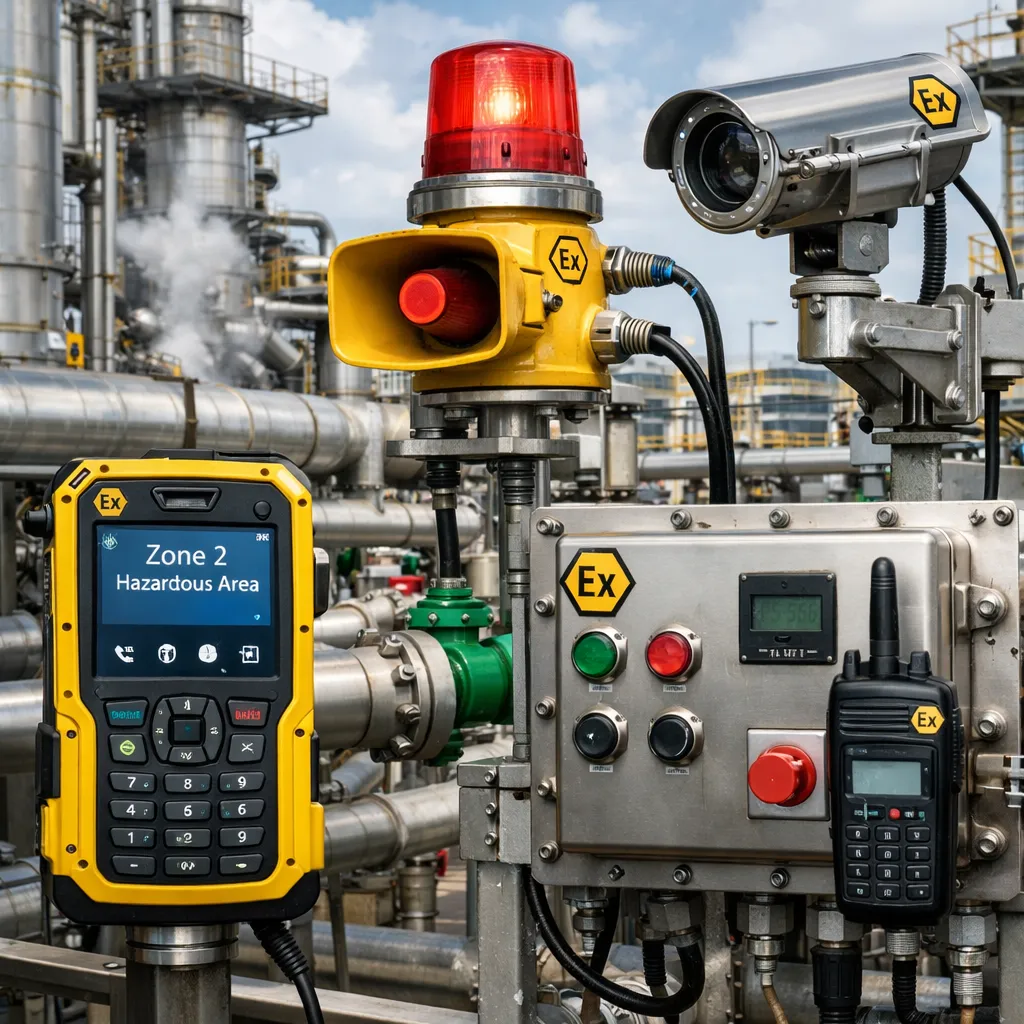 Équipements de communication et électriques pour zone dangereuse déployés dans un environnement de traitement pétrolier, gazier ou chimique en Zone 2 avec exposition extérieure et tuyauteries de process