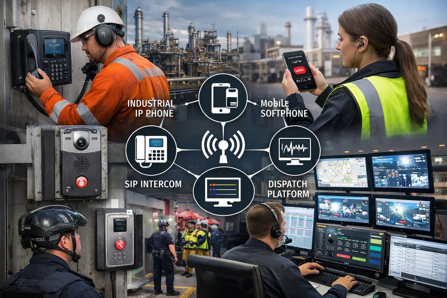 Communication terrain critique avec des téléphones IP industriels, des softphones mobiles, des terminaux d’intercommunication SIP et une intégration de plateforme de répartition dans des opérations industrielles et publiques