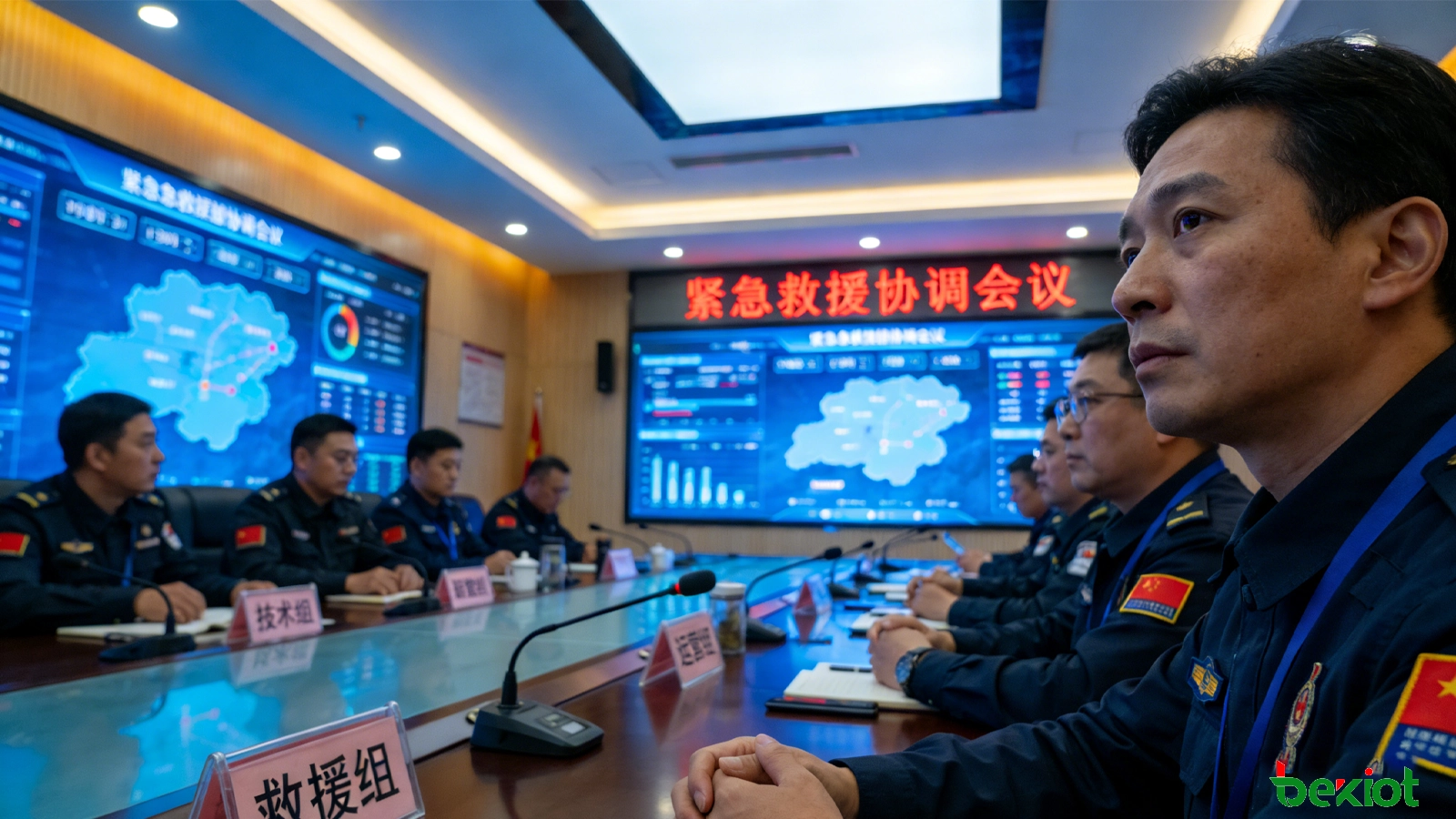 Centre de commandement de mine de charbon souterraine avec cartes minières, suivi du personnel, état atmosphérique et fonctions de conférence d’urgence