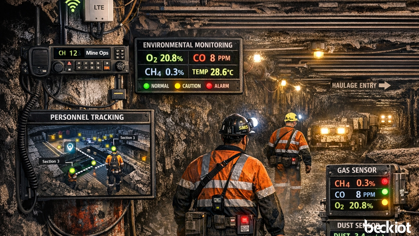 Intégration radio mobile, suivi du personnel et surveillance atmosphérique dans une mine de charbon souterraine sur les pans de production et galeries de transport