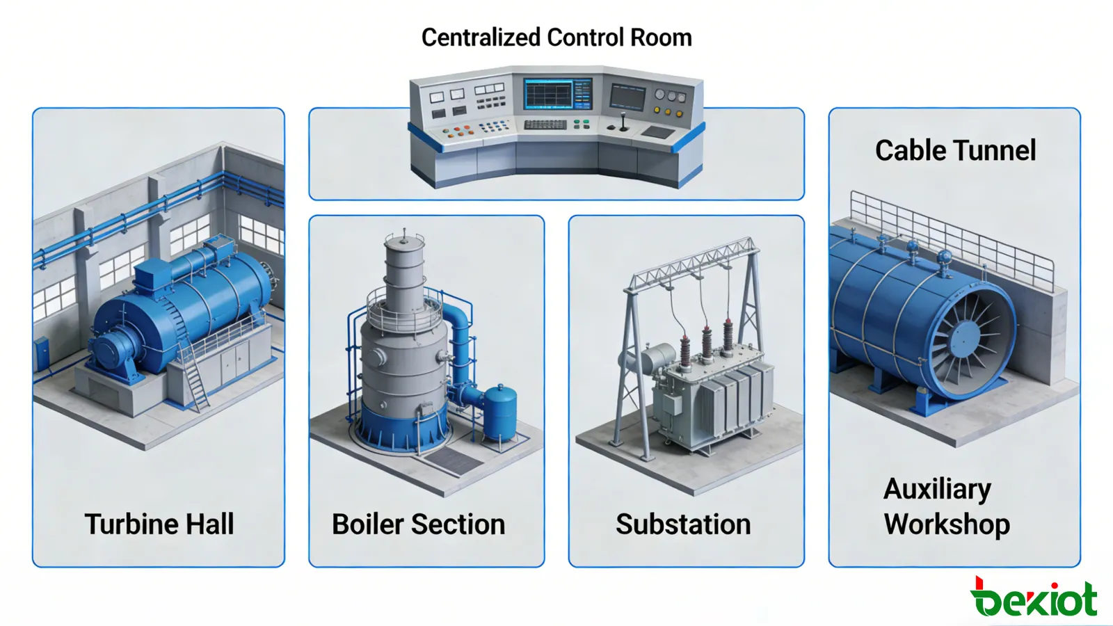 Appel zoné dans une centrale électrique couvrant le hall de turbines, la section de chaudières, le poste électrique, le tunnel de câbles et l’atelier auxiliaire avec fonctionnement depuis la salle de contrôle centralisée