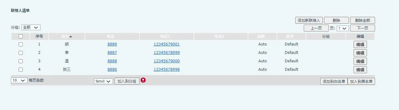 Liste de contacts importée affichée dans l'interface web du téléphone