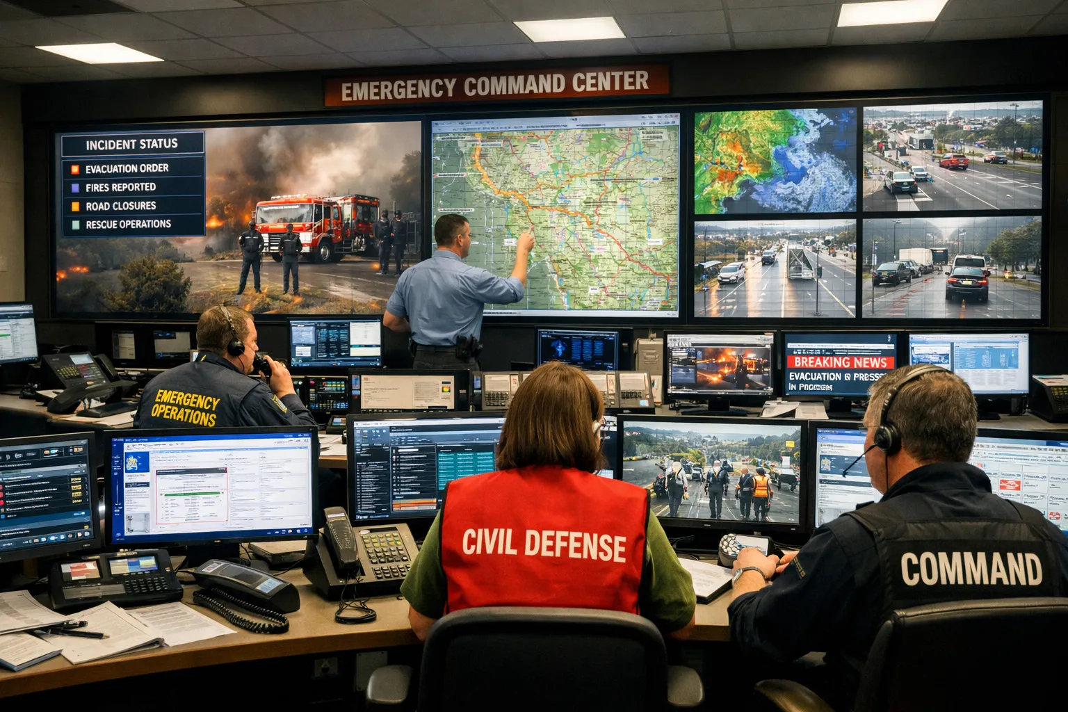 Centre de commandement d’urgence gouvernemental avec postes de répartition, écrans de communication et opérations coordonnées de défense civile