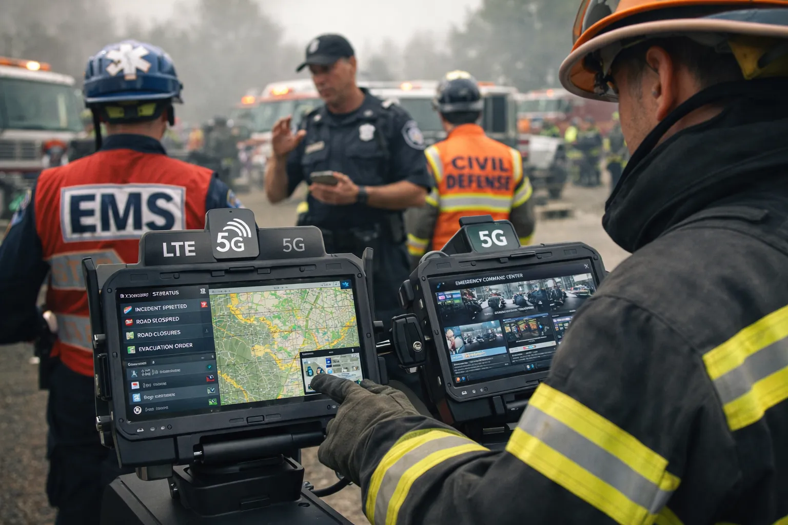 Intervenants d’urgence sur le terrain utilisant des terminaux de communication connectés en LTE et 5G avec support de coordination du commandement