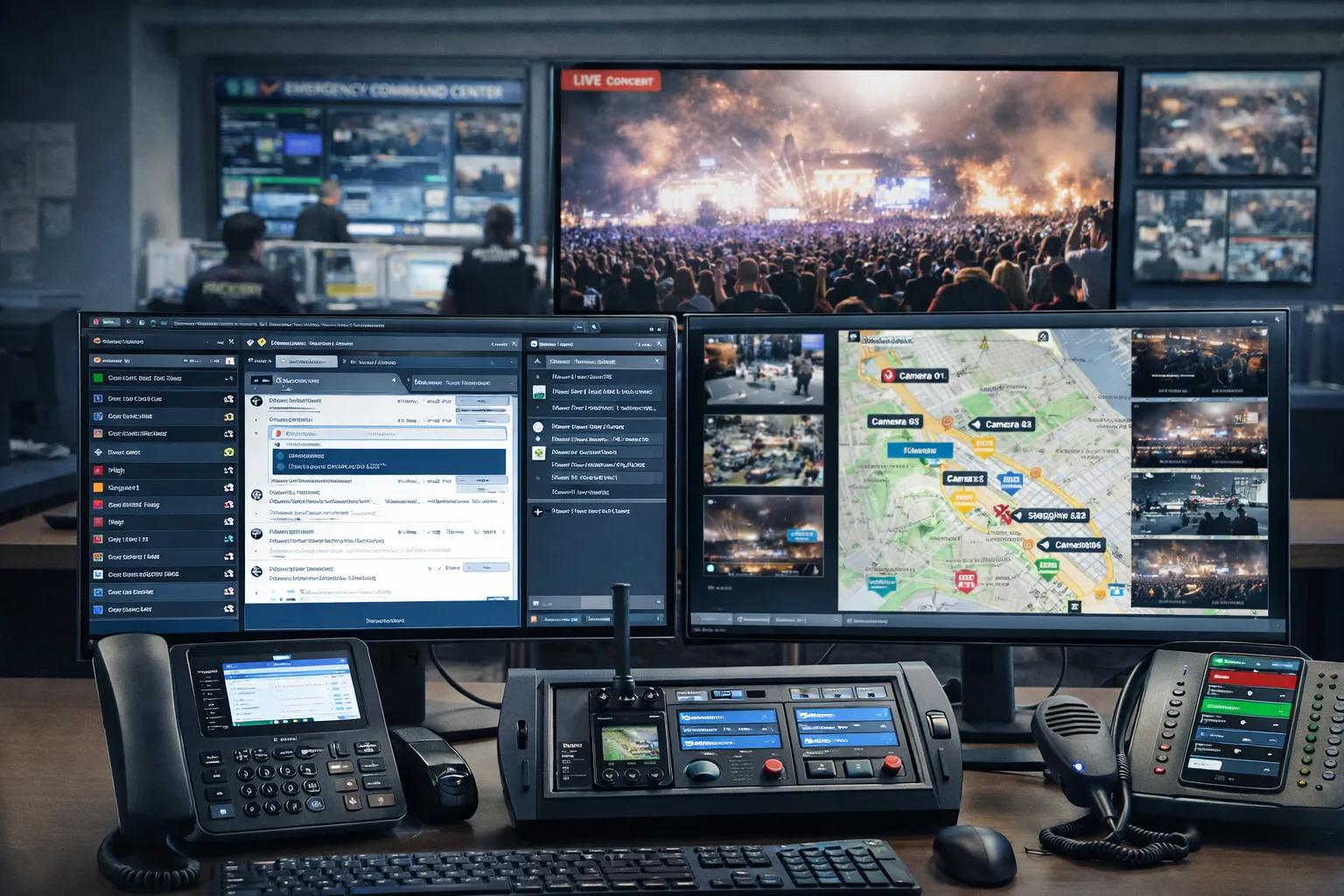 Plateforme de communication d'urgence intégrée pour un centre de commandement de grand événement avec console de répartition, téléphones, intégration radio et coordination vidéo