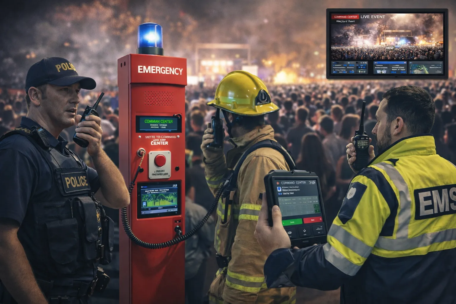 Équipes d'opérations sur le terrain lors d'un grand événement utilisant des radios portatives, des stations d'appel d'urgence et des dispositifs de communication unifiés liés au centre de commandement