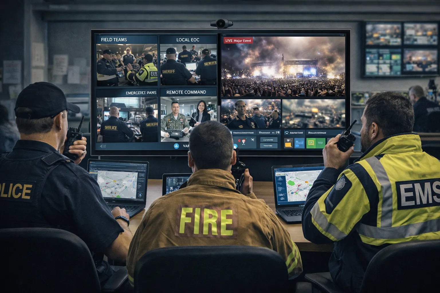 Équipe de commandement d'urgence d'un grand événement utilisant un système de visioconférence pour une coordination en temps réel avec des unités d'opération à distance et sur site