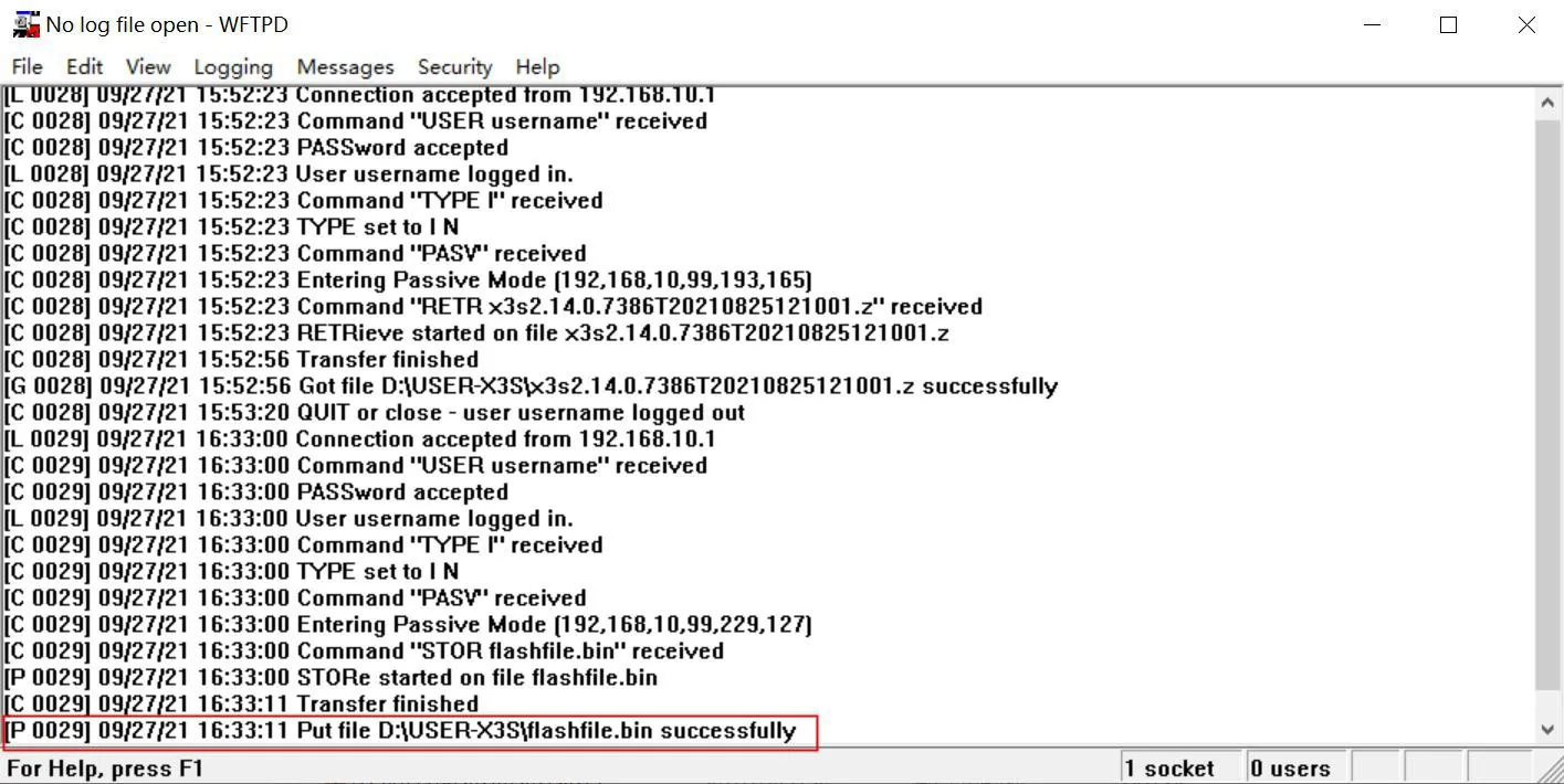 Fenêtre du serveur FTP montrant l'activité d'exportation flash