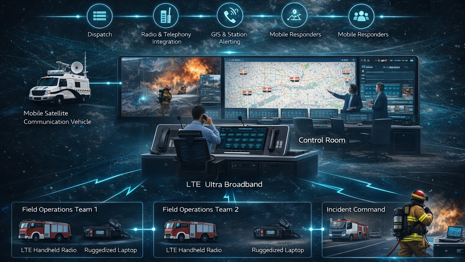 Architecture du système de commandement et de contrôle des incendies et secours Becke Telcom montrant les postes de salle de contrôle, l’intégration radio-téléphonie, le SIG, l’alerte des casernes, les intervenants mobiles et le soutien au commandement d’intervention
