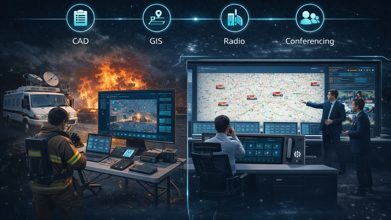 Coordination du poste de commandement d’intervention des incendies et secours et du centre d’opérations d’urgence avec CAD, SIG, radio, conférences et conscience situationnelle partagée