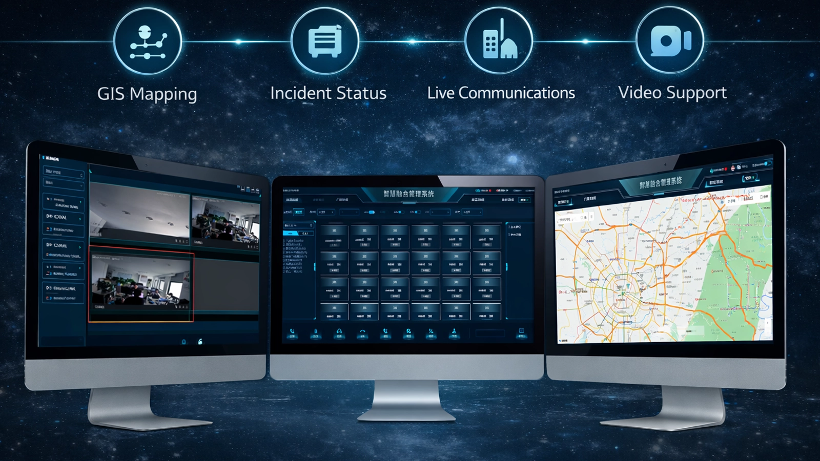 Salle de contrôle des incendies et secours utilisant le logiciel Becke Telcom avec cartographie SIG, statut des interventions, communications en direct et soutien vidéo