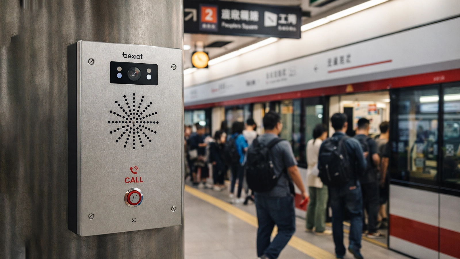 Architecture de point d'assistance aux passagers et de communication d'urgence pour les gares ferroviaires et de métro avec intégration d'interphone, de sonorisation/alarme vocale, de vidéosurveillance, de salle de contrôle et d'envoi