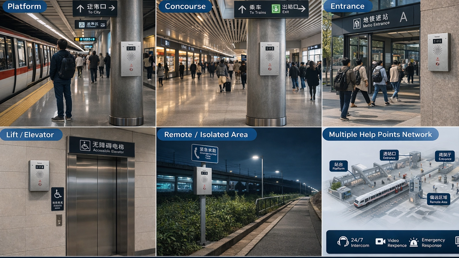 Déploiement de points d'assistance aux passagers sur les quais, les halls, les entrées, les ascenseurs et les zones éloignées des gares ferroviaires et de métro