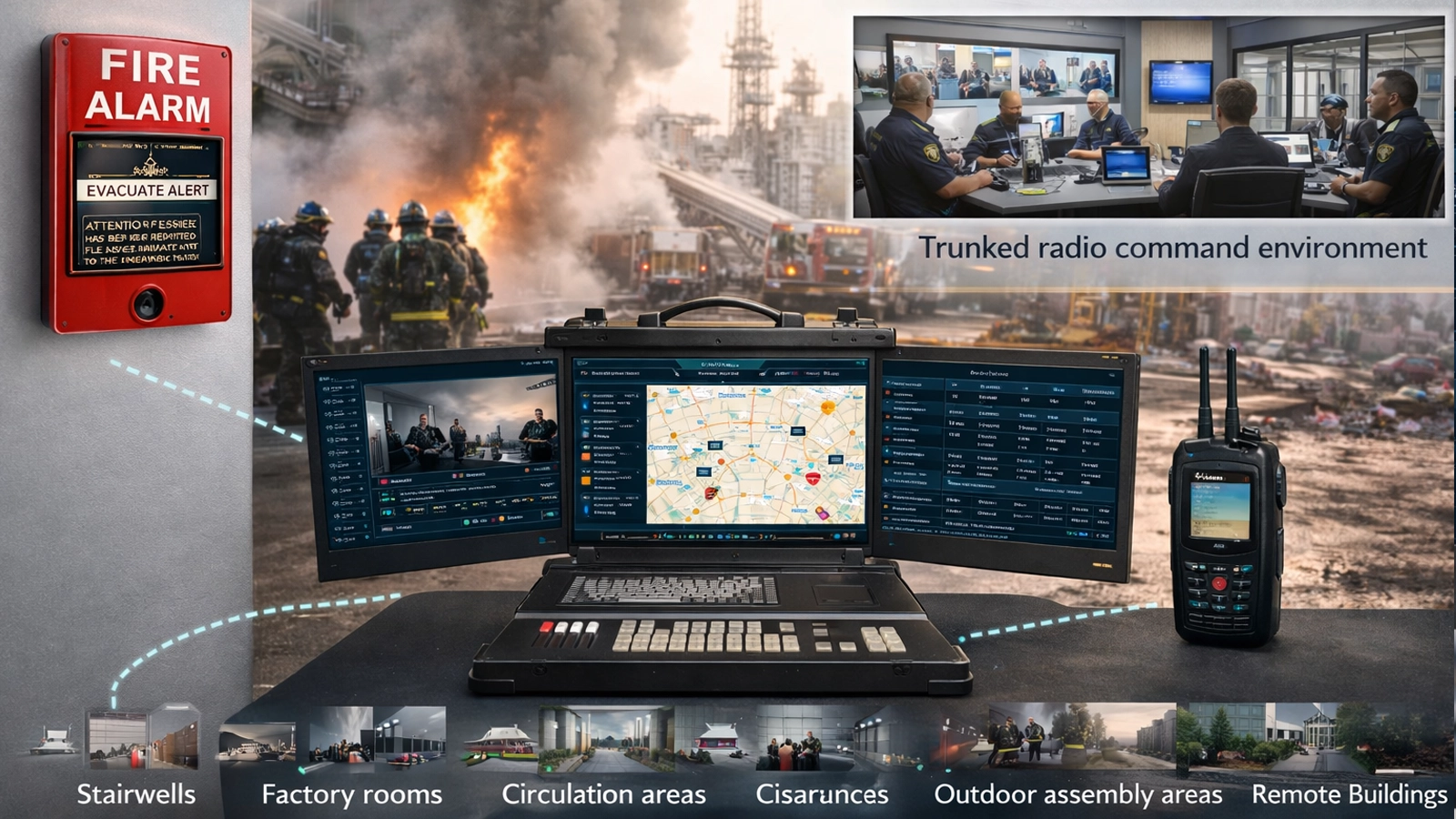 Environnement de commandement intégré d’alarme incendie, d’évacuation vocale, de conférence d’urgence et de radio tronquée pour une intervention d’urgence coordonnée