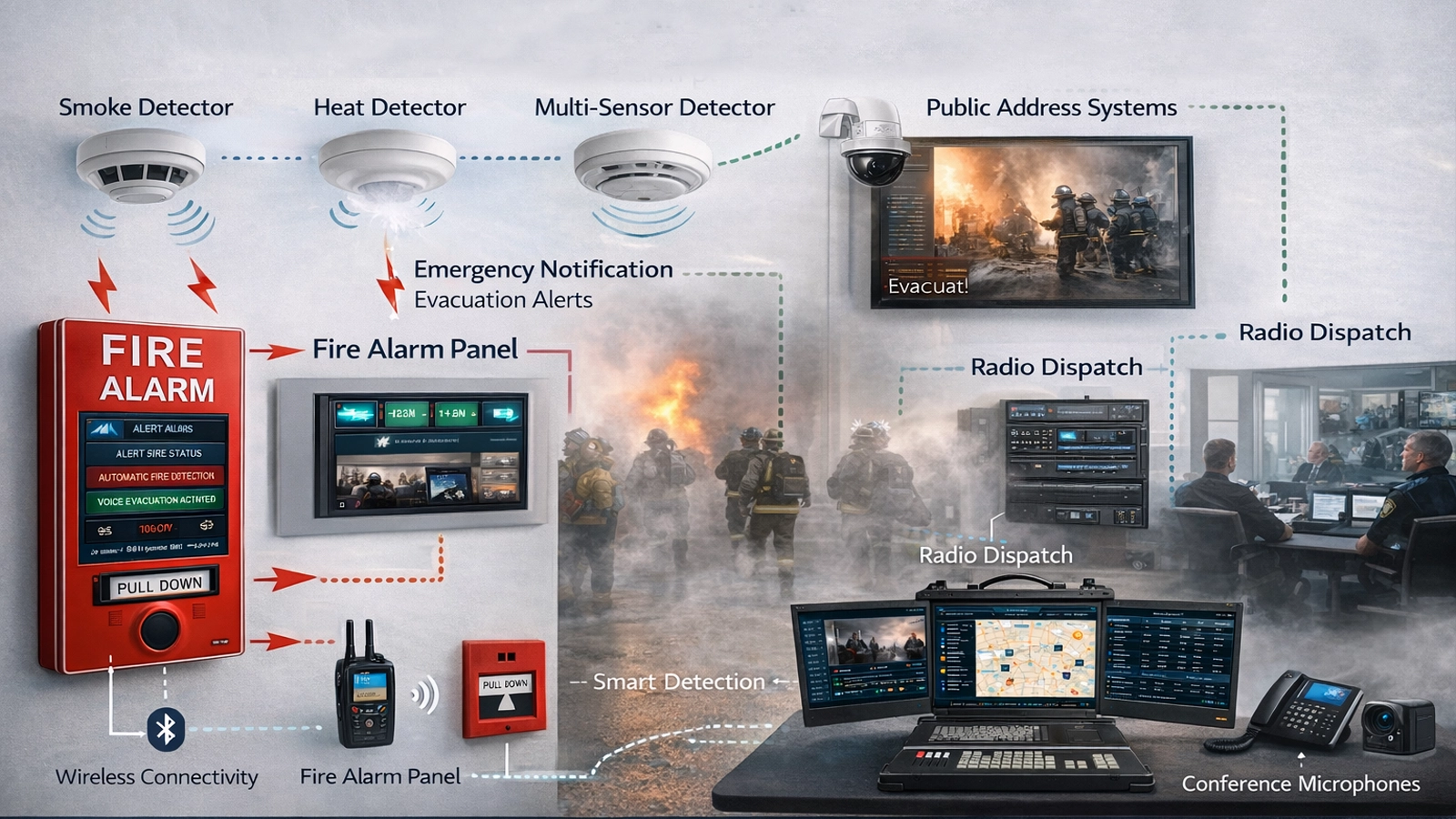 Architecture intelligente d’alarme incendie et d’évacuation d’urgence avec détecteurs, panneaux d’alarme incendie, alarme vocale, sonorisation publique, conférence d’urgence, déploiement radio et commandement centralisé