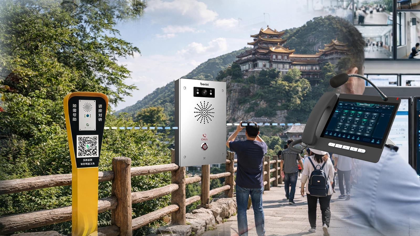 Architecture d’interphone d’urgence et de points d’assistance pour sites touristiques avec points d’assistance extérieurs, interphone SIP, téléphones, messagerie sonore, CCTV et contrôle centralisé