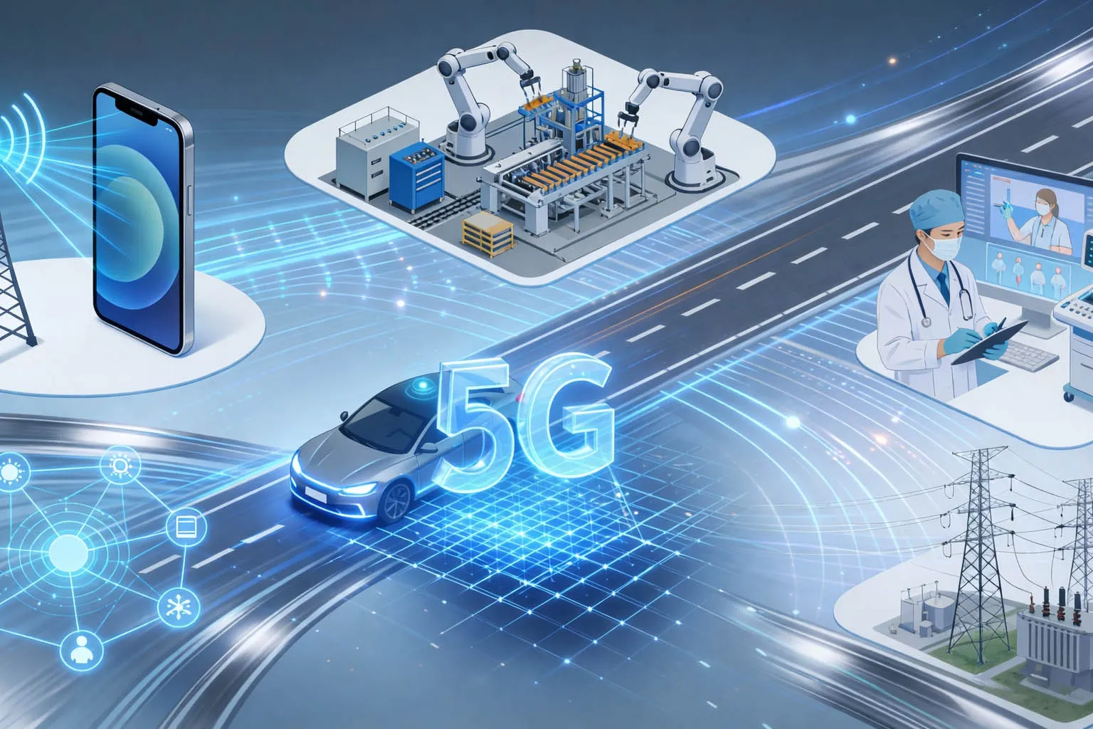 La 5G est appliquée au haut débit mobile, à l'industrie intelligente, aux transports, à la santé, aux services publics et aux environnements IoT à grande échelle où la couverture, la mobilité, la capacité et la faible latence doivent fonctionner ensemble.