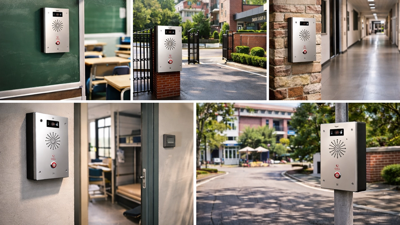 Déploiement de communication d’urgence scolaire dans salles de classe, portails, couloirs, dortoirs et espaces publics du campus avec boutons paniques et support d’interphone