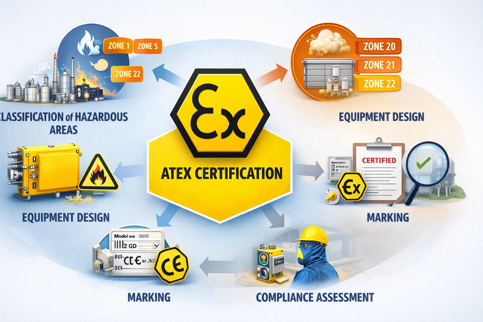 Scène composite montrant des équipements certifiés ATEX utilisés dans le traitement pétrochimique, la manutention de céréales, la production de poudres pharmaceutiques et des installations d’hydrogène ou de matériaux de batteries.
