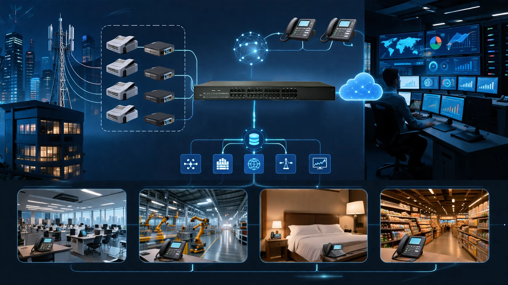 Passerelle FXO en rack avec plusieurs ports analogiques, connectivité Ethernet et un tableau de bord de gestion pour un déploiement vocal hybride
