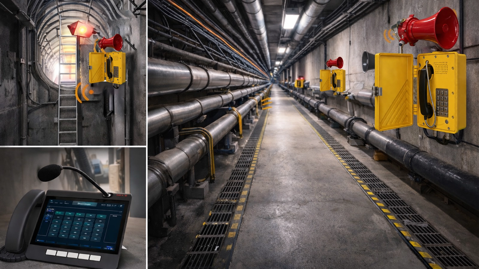 Interphone d’urgence et diffusion zonée dans une galerie technique souterraine : communication au puits d’accès, haut-parleurs de corridor et coordination depuis le centre de contrôle