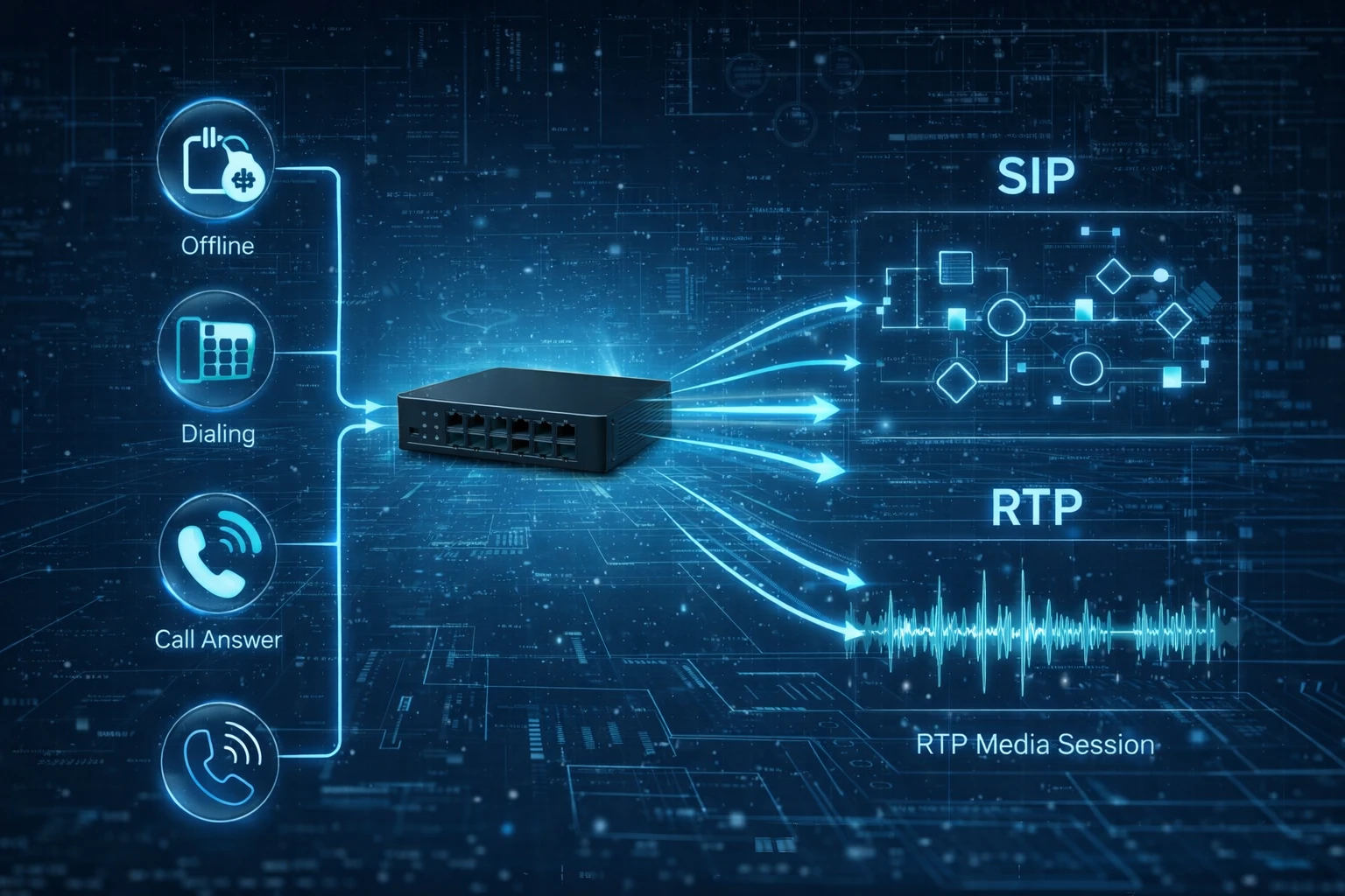 Schéma de flux d’appel convertissant les actions analogiques en signalisation SIP et média RTP