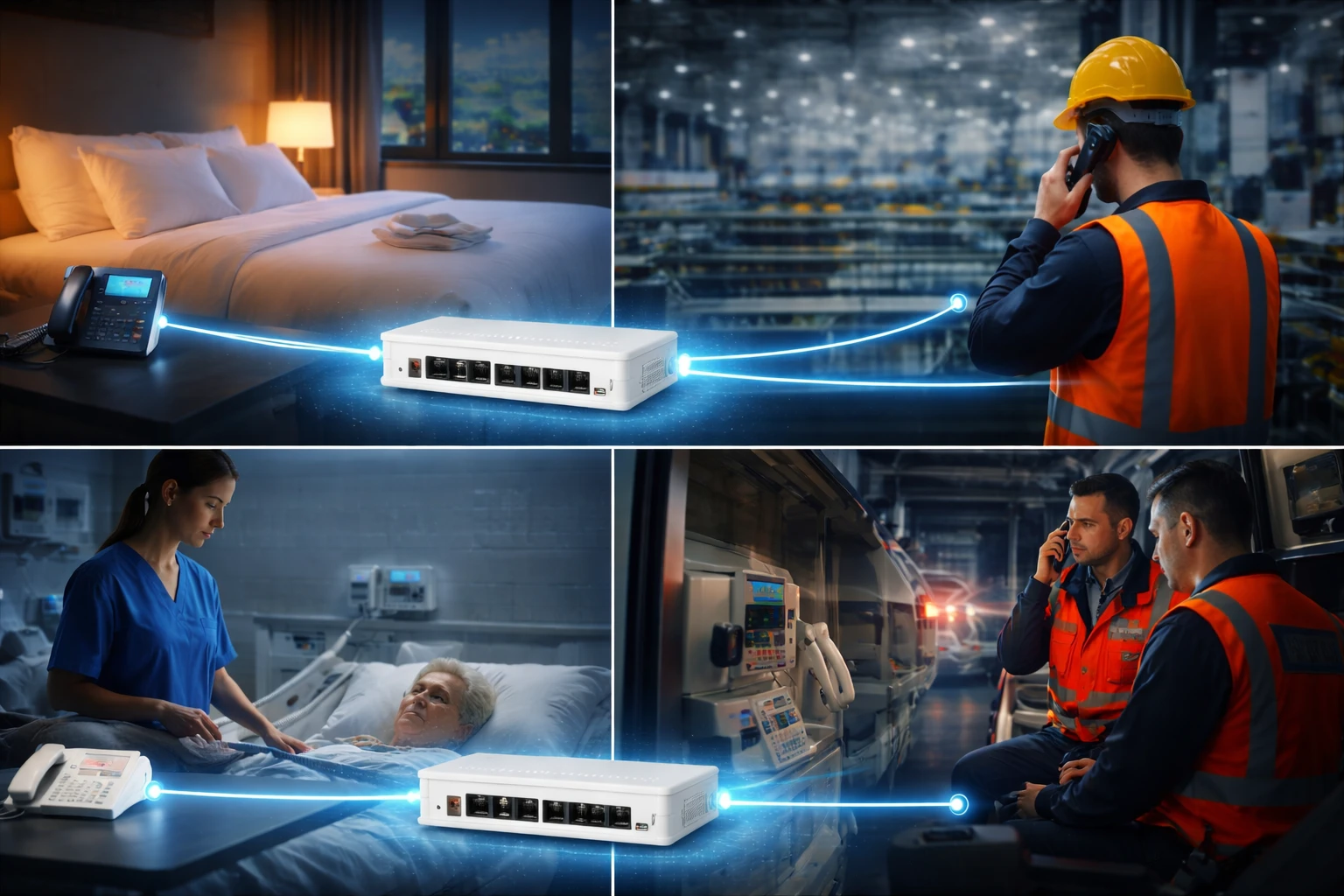 Téléphone d’urgence, fax, téléphone de chambre et combiné industriel reliés par FXS à une plateforme SIP