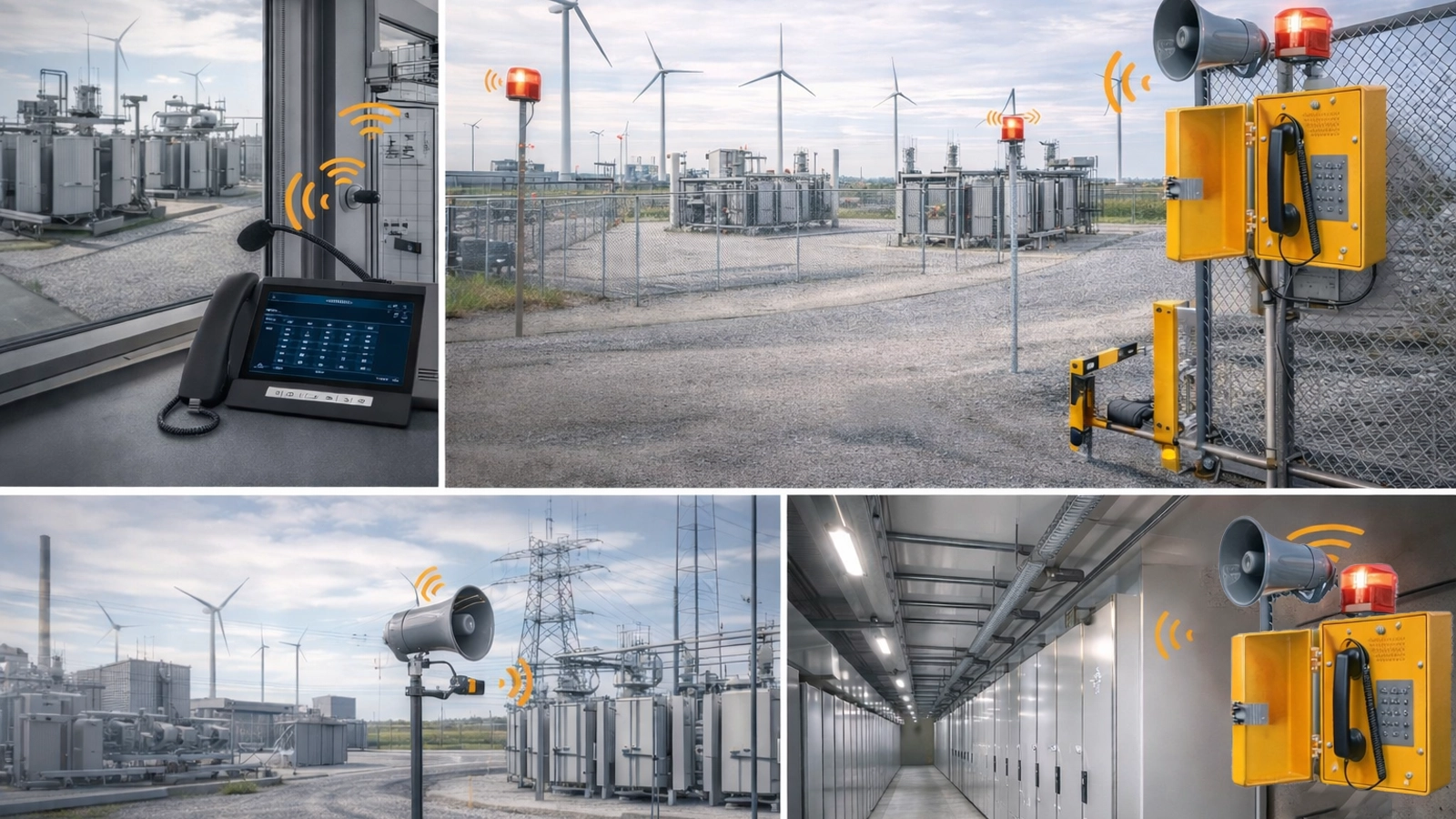 Vue d’ensemble du PAGA dans un poste de transformation de parc éolien montrant l’appel dans le bâtiment de contrôle, les haut-parleurs du parc de transformateurs, la couverture de diffusion dans la salle GIS et la communication d’urgence dans les zones électriques clés