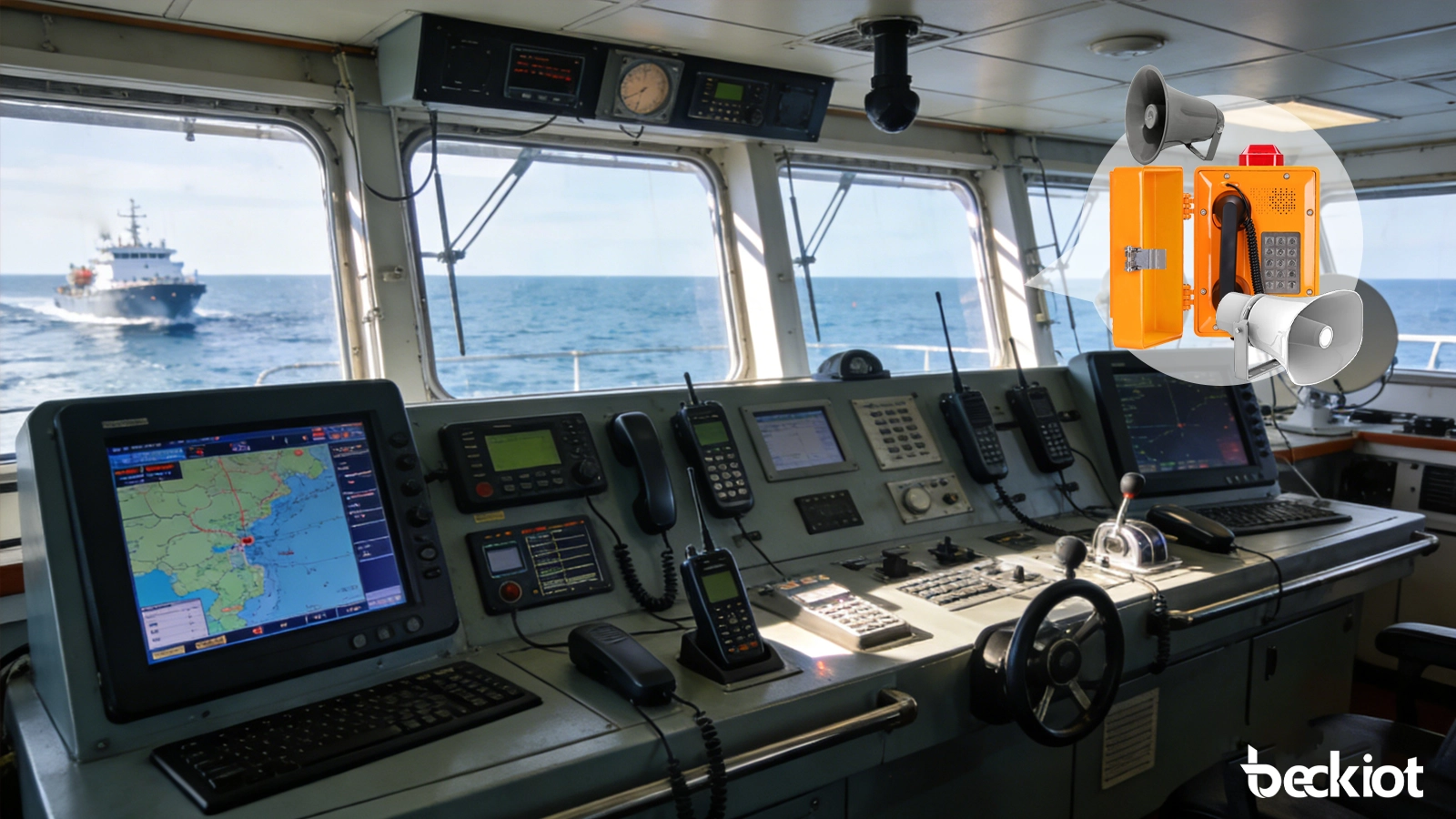 Vue d’ensemble du système PAGA de plate-forme offshore montrant le page de la salle de contrôle, les haut-parleurs marins, les téléphones industriels et la couverture des alarmes d’urgence sur plusieurs zones opérationnelles