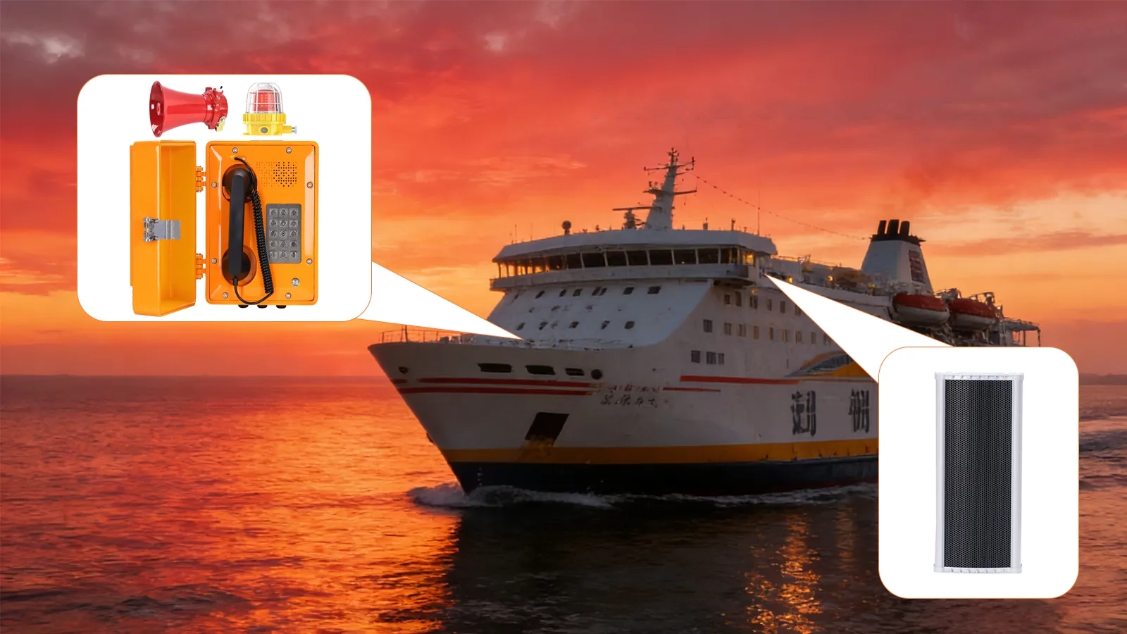 Concept de page zoné PAGA de navire maritime avec commande de passerelle, haut-parleurs de salle des machines, alarmes de pont de cargaison, haut-parleurs de zone d’hébergement et messages d’évacuation d’urgence