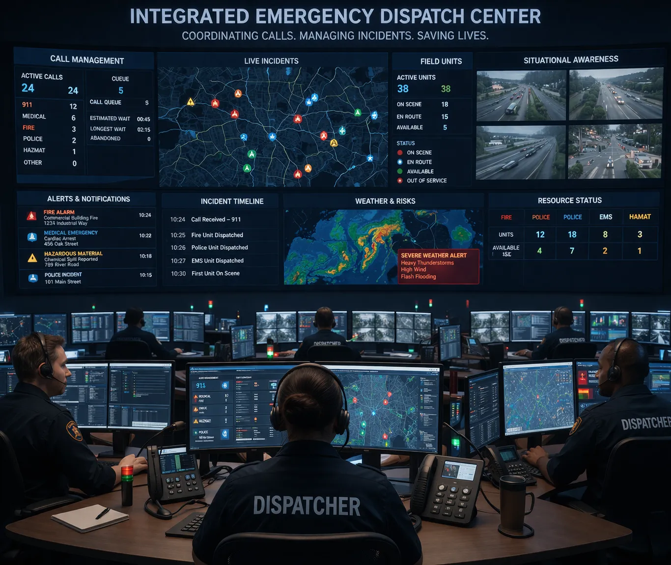 Centre de répartition d'urgence intégré coordonnant les appels, les alarmes et l'intervention sur le terrain entre plusieurs équipes