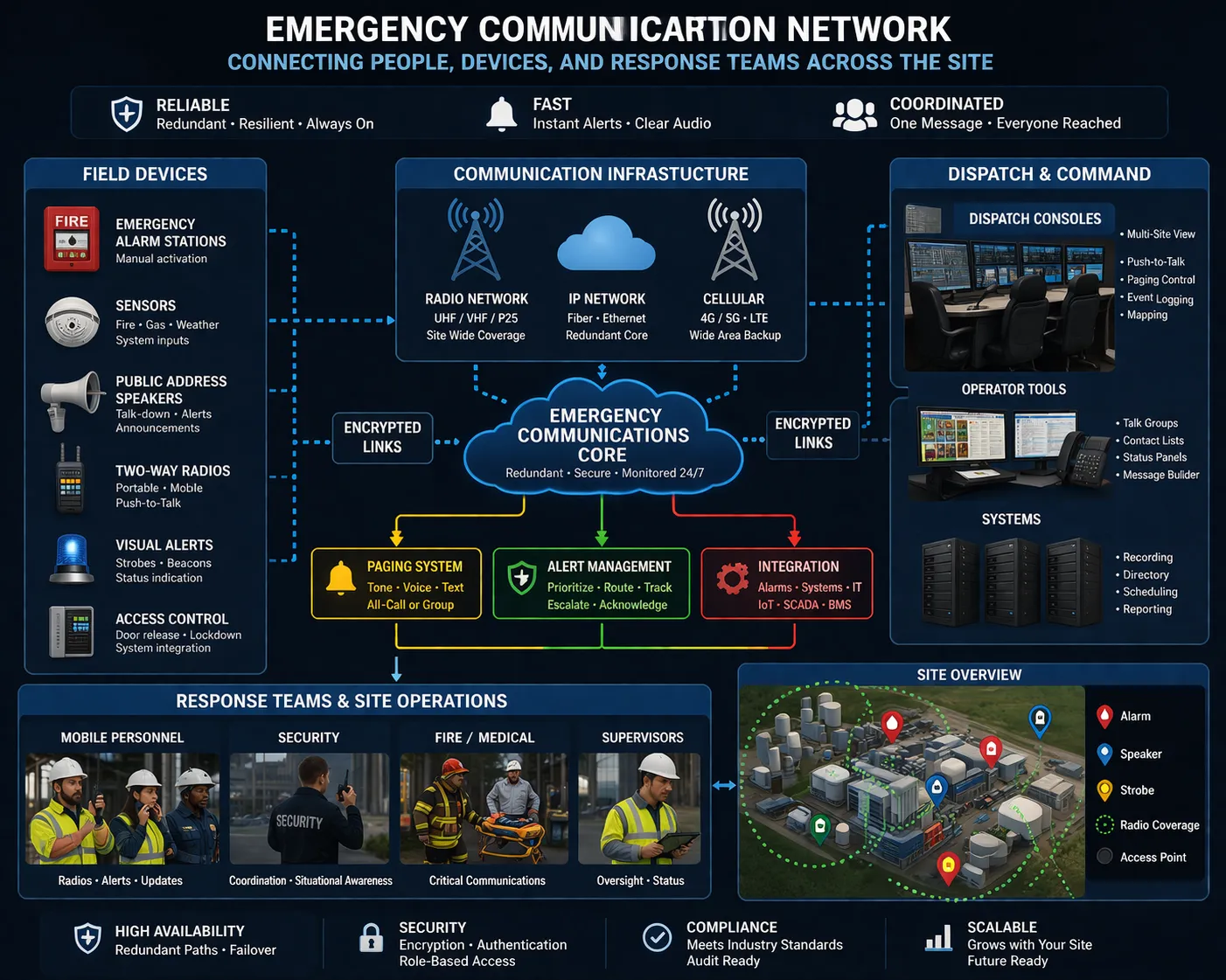 Réseau de communication d'urgence reliant les appareils de terrain, la radiomessagerie, les consoles de répartition et les équipes d'intervention sur un vaste site