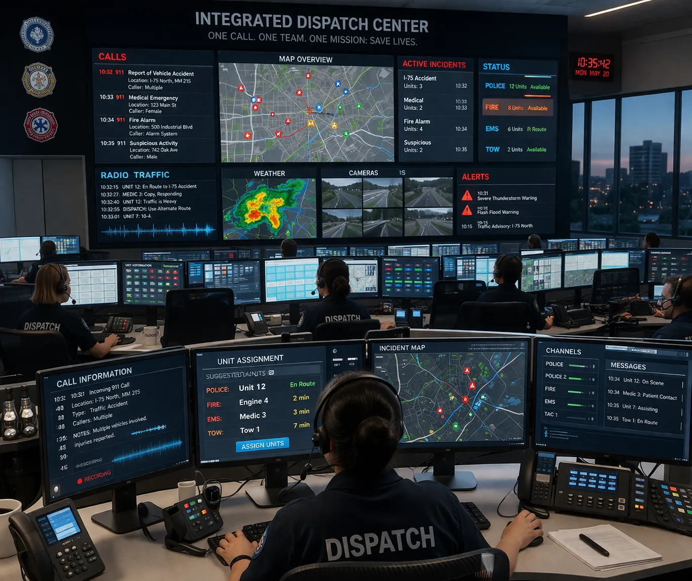 Réseau de communication d'urgence intégré reliant les points d'assistance, les opérateurs de répartition, les radios et les équipes d'intervention sur un grand site