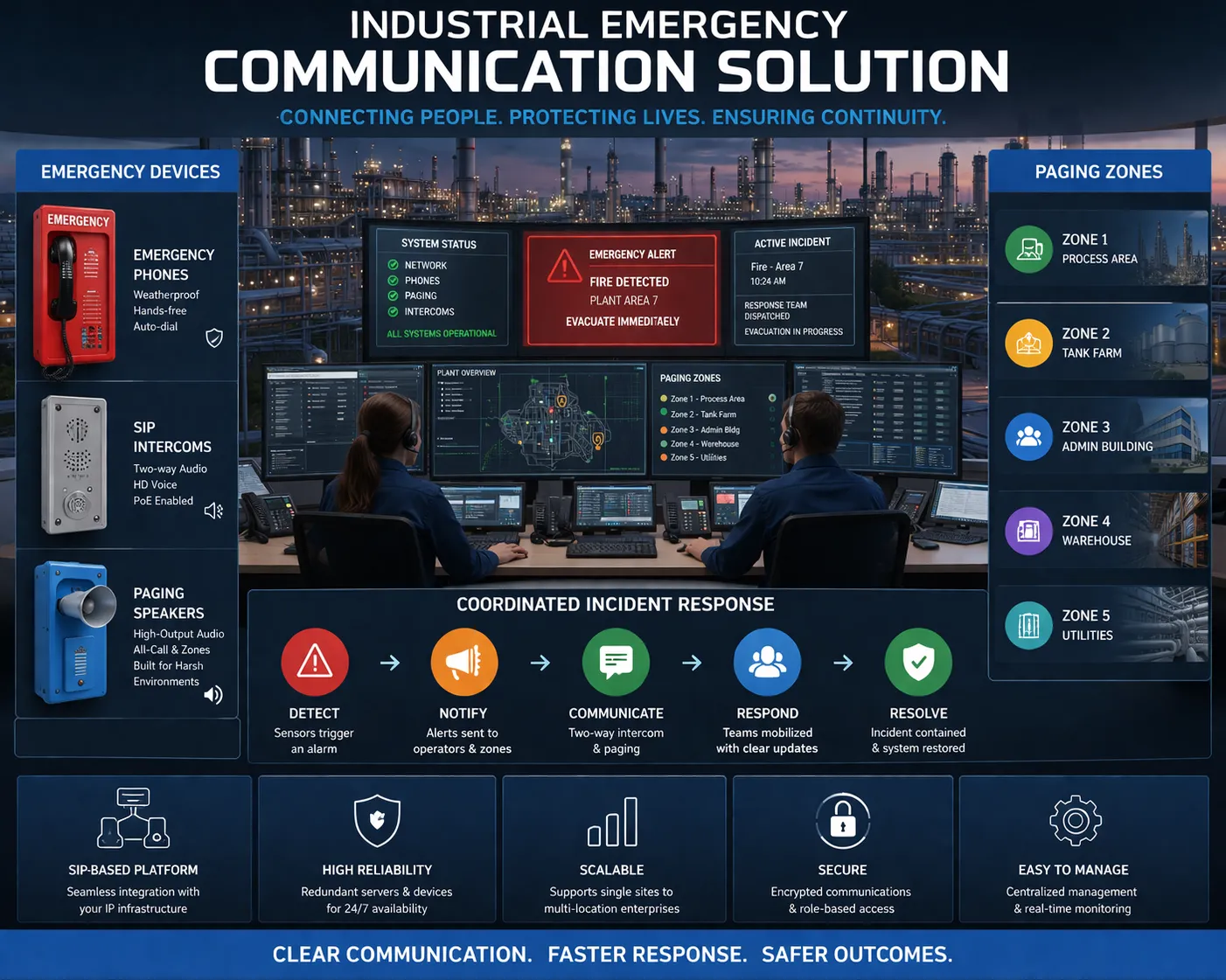 Réseau de communication d'urgence intégré reliant les consoles de répartition, les téléphones d'urgence, les systèmes radio, les zones de radiomessagerie et les équipes d'intervention sur le terrain