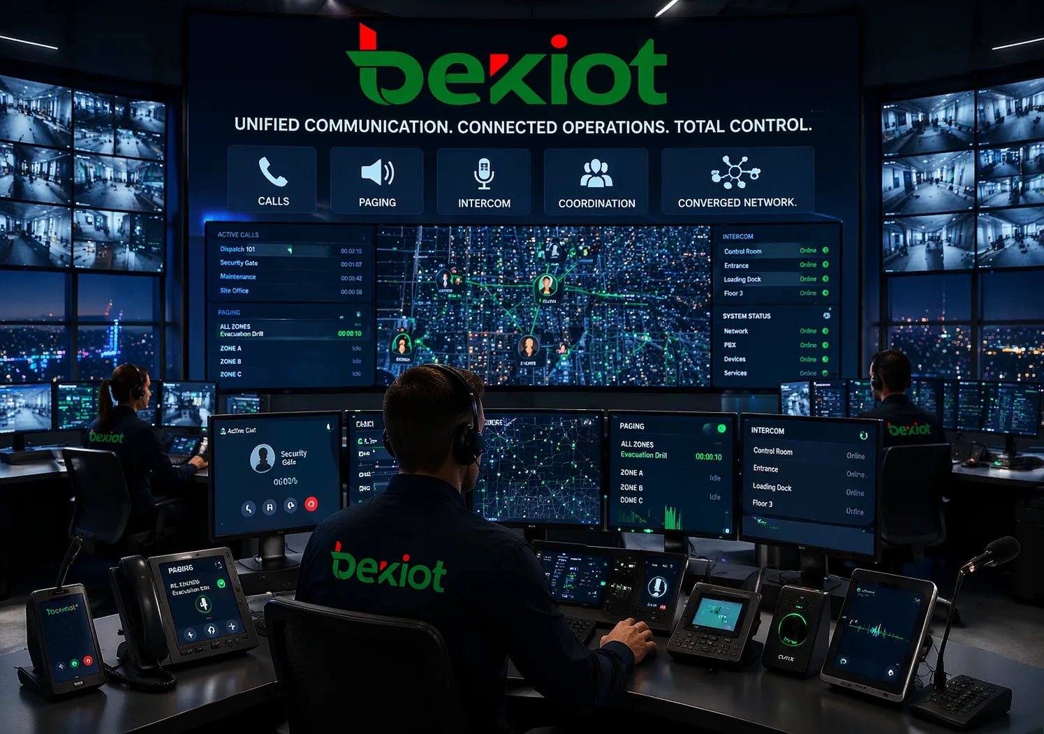 Salle de contrôle de communication unifiée utilisant un réseau convergent pour les appels, la radiomessagerie, l'interphone et la coordination opérationnelle