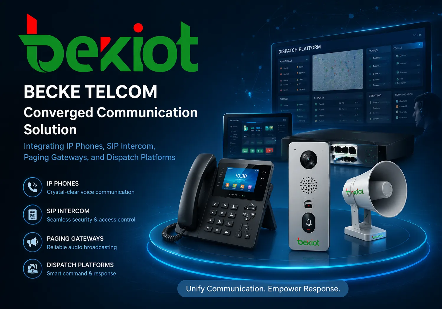 Solution de communication convergée Becke Telcom intégrant les téléphones IP, l'interphone SIP, les passerelles de radiomessagerie et les plateformes de répartition