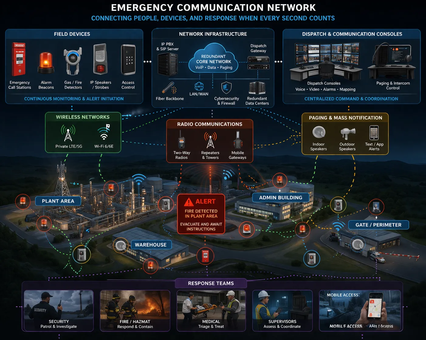 Centre de répartition des urgences intégré coordonnant les appels, les alarmes, le trafic radio et les équipes d’intervention sur plusieurs canaux de communication