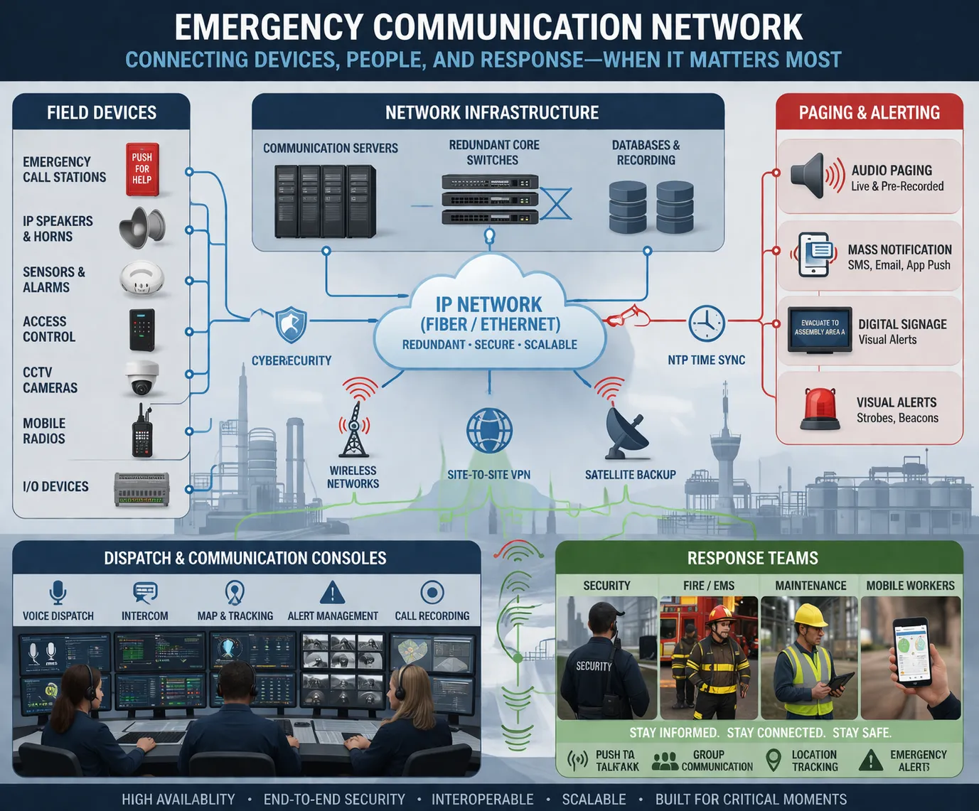 Réseau de communication d’urgence reliant les dispositifs de terrain, la diffusion d’annonces, les consoles de répartition et les équipes d’intervention sur un grand site