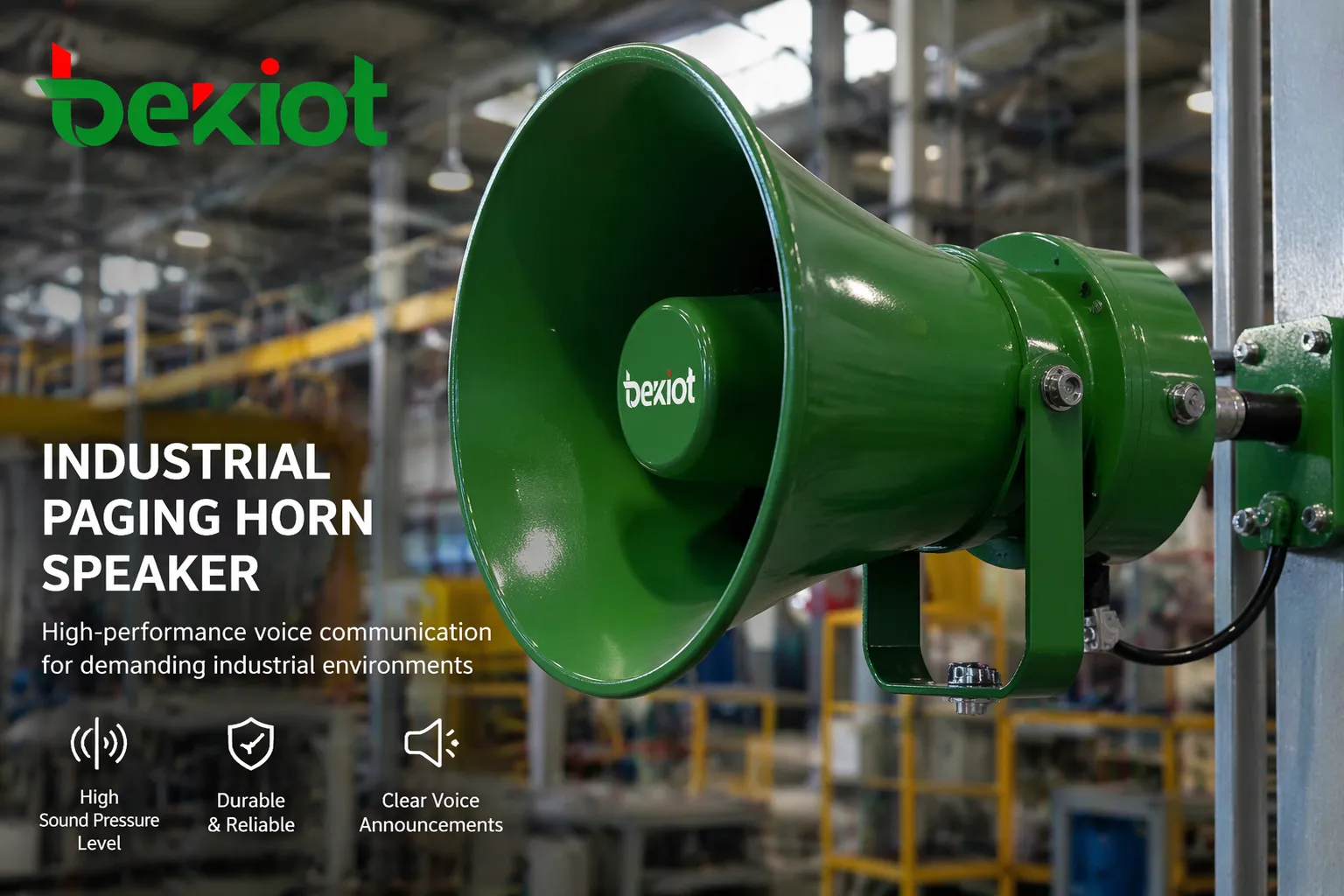 Haut-parleur cornet industriel pour environnements bruyants d’usines et d’entrepôts, dédié aux annonces vocales et alertes