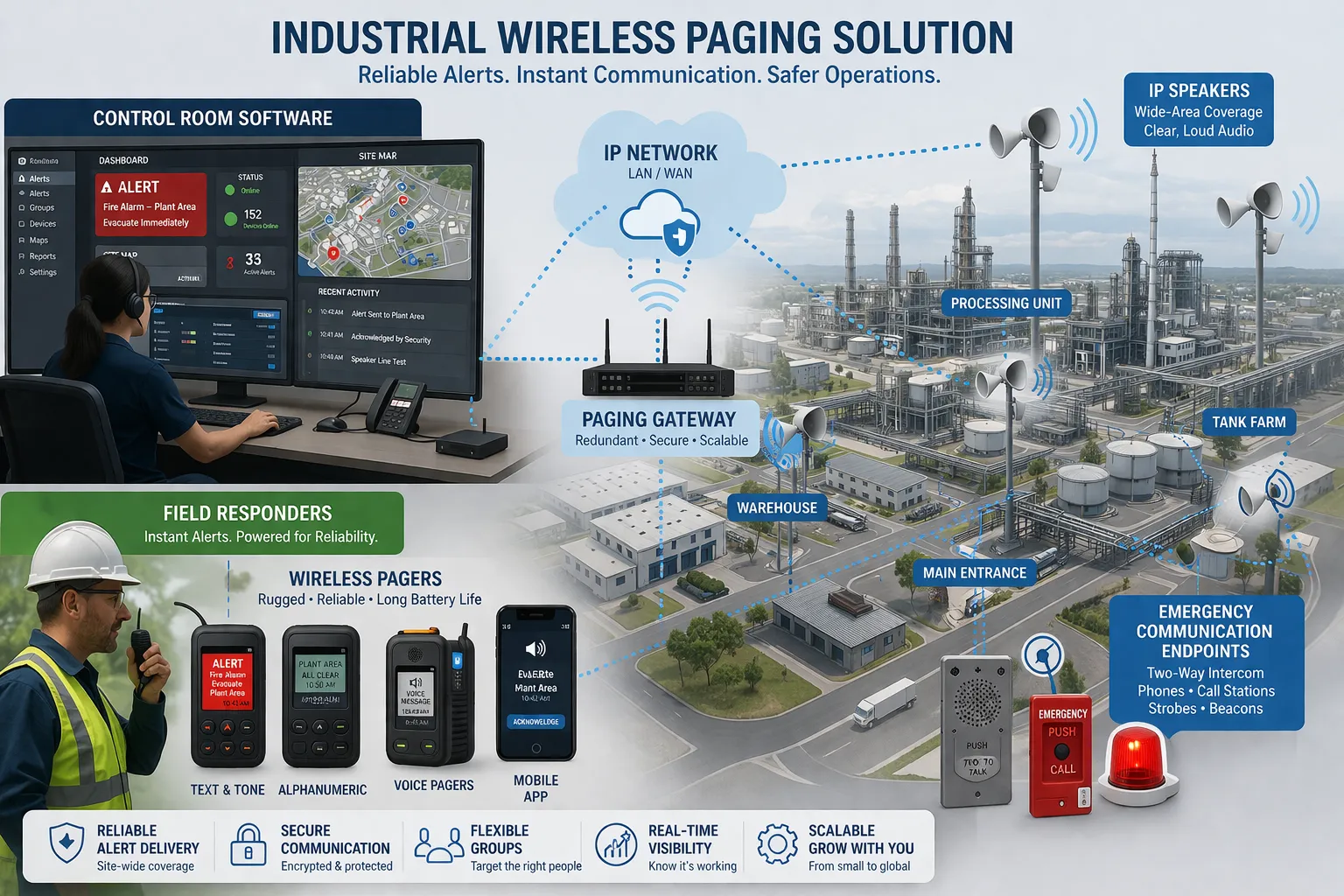 Solution d'appel sans fil industriel avec logiciel de salle de contrôle, intervenants de terrain, téléavertisseurs sans fil, haut-parleurs IP et terminaux de communication d'urgence sur grand site