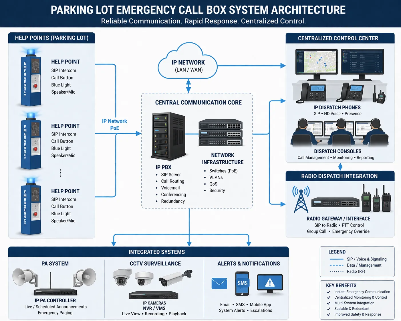 Architecture d’un système de bornes d’appel d’urgence pour parking avec points d’assistance, interphonie SIP, téléphones IP PBX, dispatch radio, sonorisation publique, CCTV et contrôle centralisé