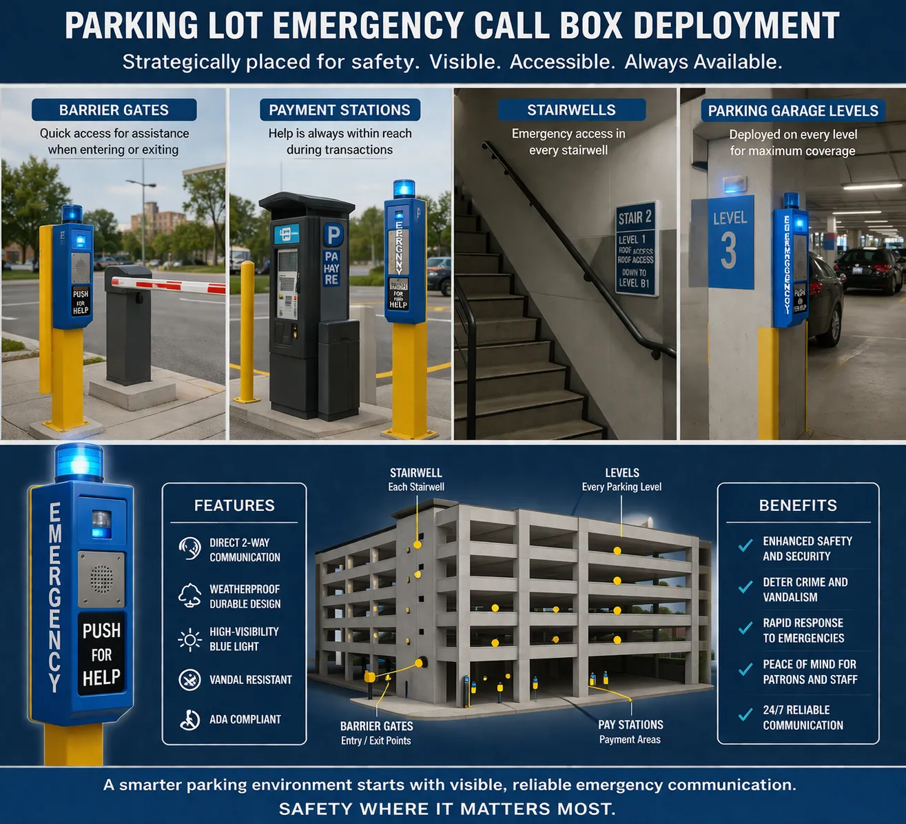 Déploiement de bornes d’appel d’urgence pour parking aux barrières d’accès, bornes de paiement, cages d’escalier et niveaux de parking