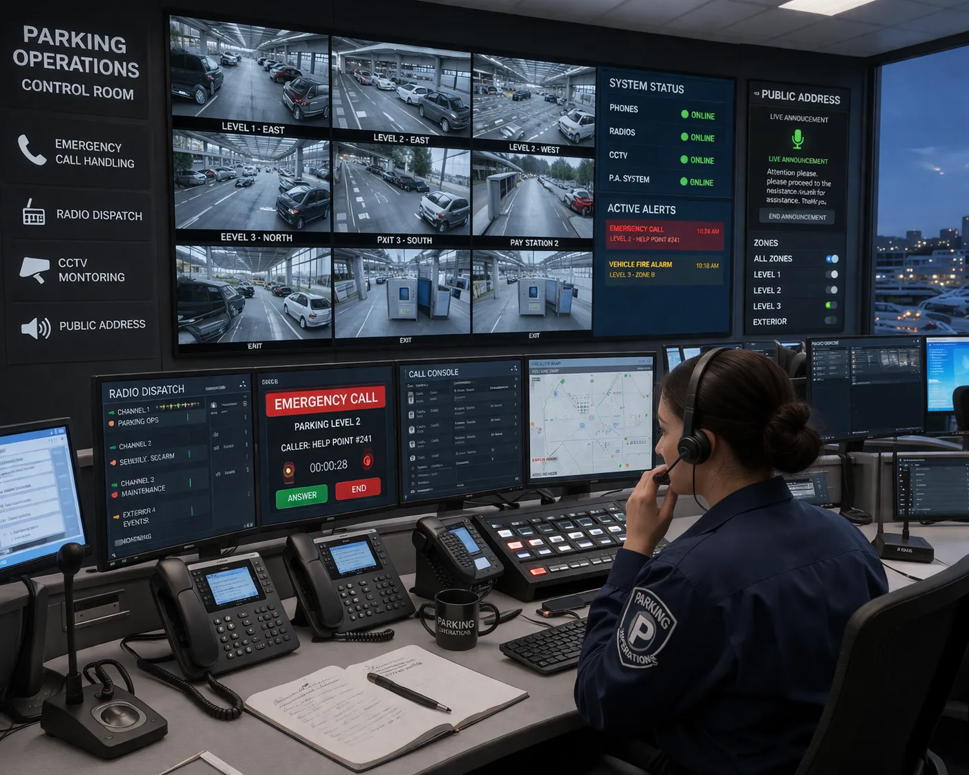 Poste de contrôle d’un parking avec traitement des appels d’urgence, téléphones IP PBX, dispatch radio, CCTV et intégration de la sonorisation