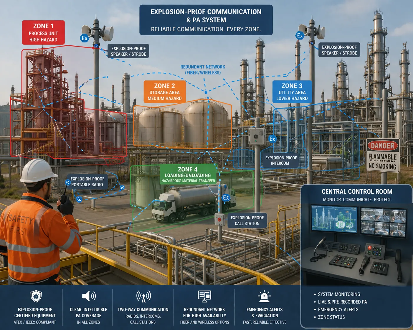 Hazardous industrial area with explosion-proof communication and PA coverage across multiple zones