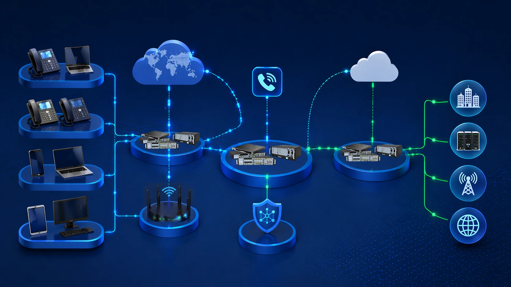 Architecture système IP PBX d'entreprise reliant les téléphones de bureau, appareils mobiles, ordinateurs portables, passerelles réseau, téléphonie cloud, sécurité et terminaux professionnels