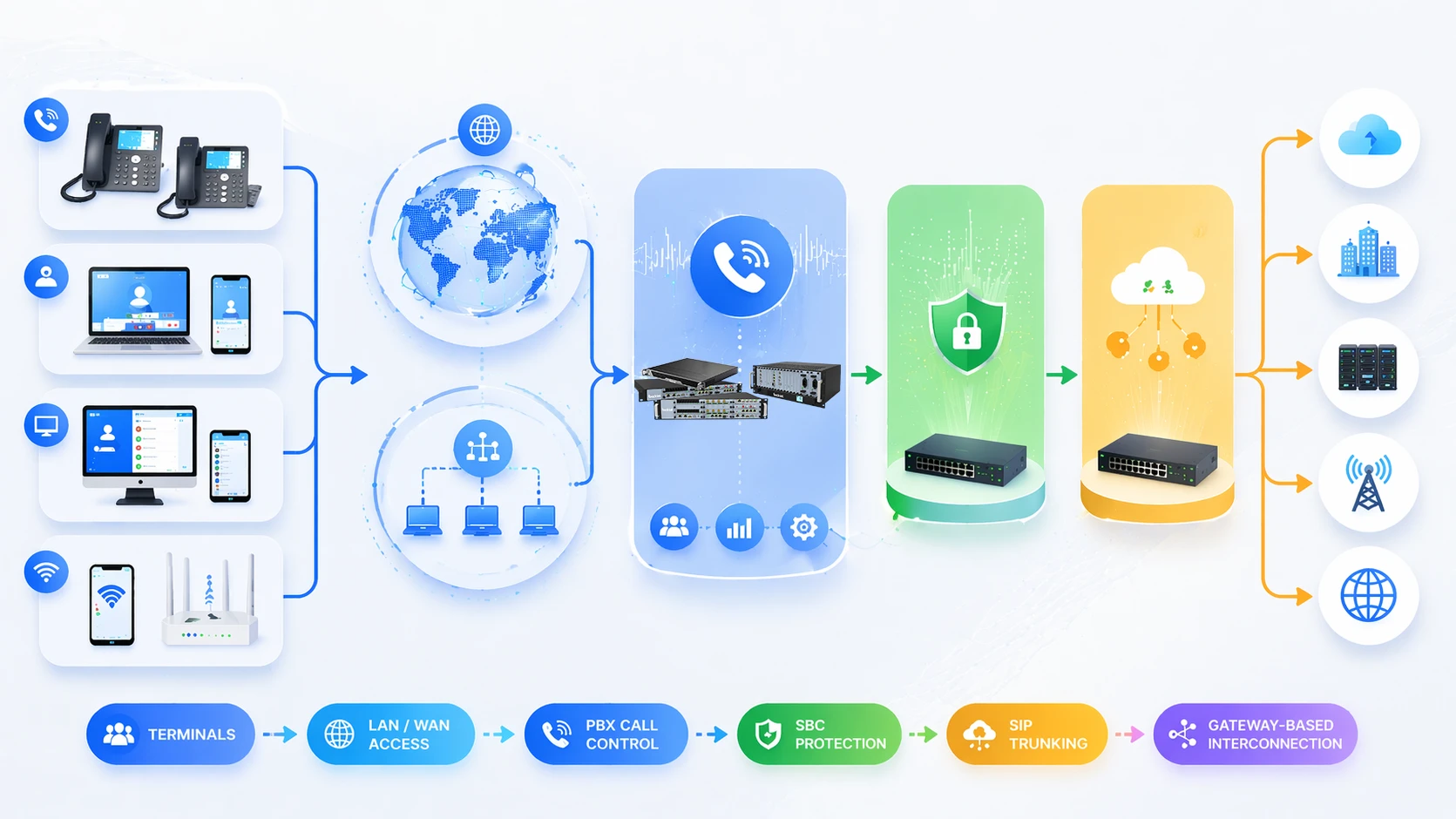 Flux d'appel IP PBX illustrant le contrôle de signalisation et la transmission vocale sur le réseau d'entreprise